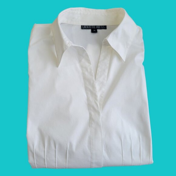 Lafayette 148 NY White Button Up Shirt Womens Stretch Cotton Pleated Size 14 - Picture 5 of 11